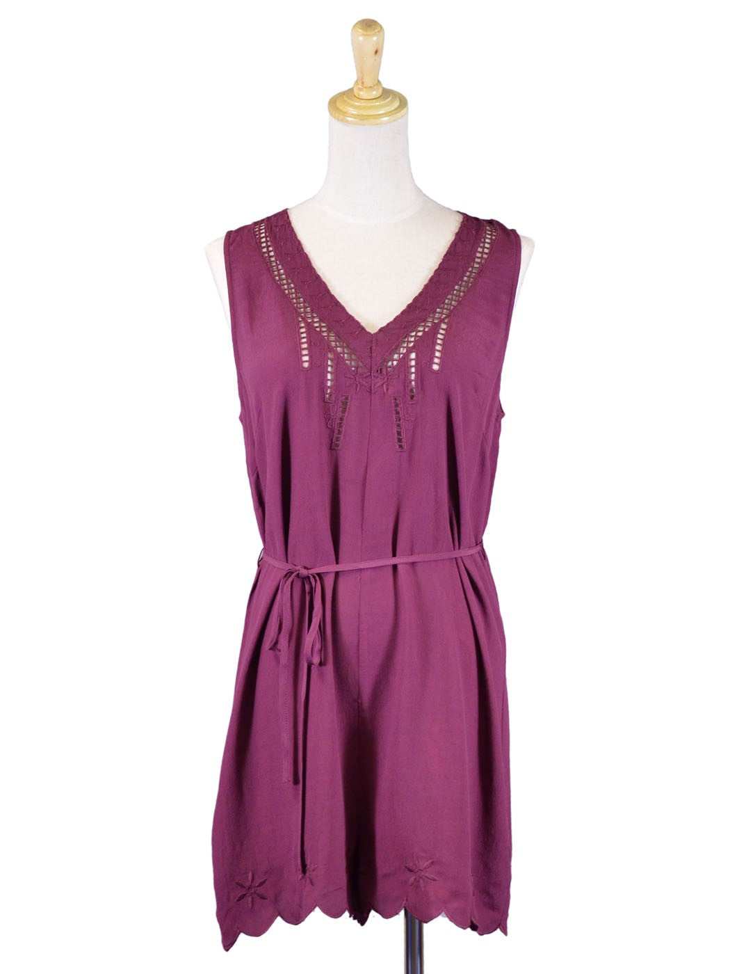 Lush Savoir Faire Embroidered Mesh Trim Tie Waist Loose Fit Woven Romper