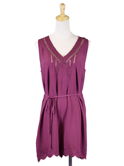 Lush Savoir Faire Embroidered Mesh Trim Tie Waist Loose Fit Woven Romper