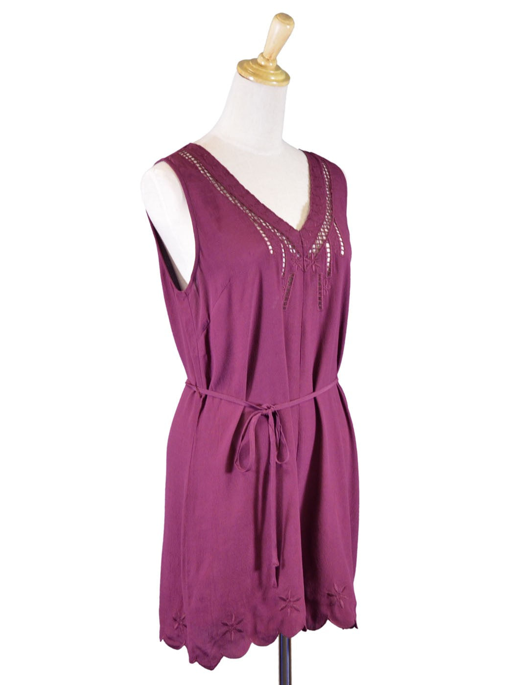 Lush Savoir Faire Embroidered Mesh Trim Tie Waist Loose Fit Woven Romper