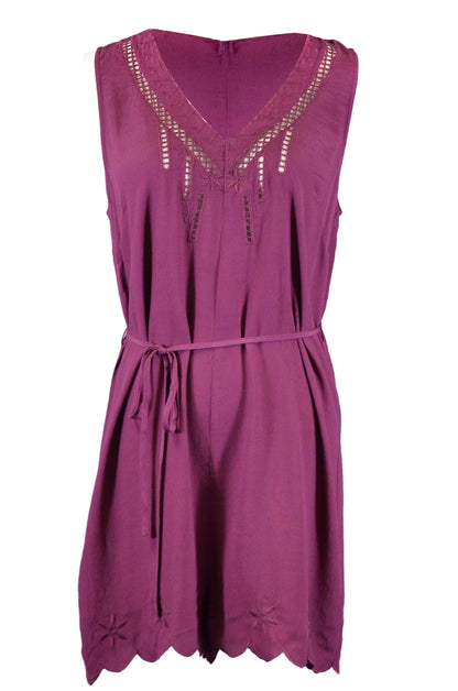 Lush Savoir Faire Embroidered Mesh Trim Tie Waist Loose Fit Woven Romper