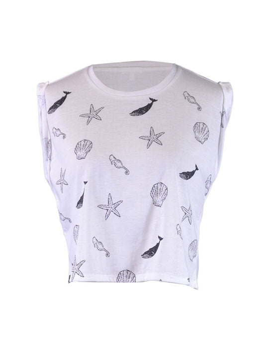 En Creme Aquatic Collection Black and White Print Muscle Shirt Cropped Tee