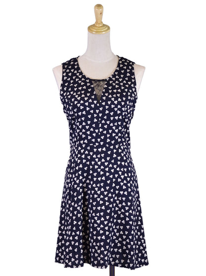 En Creme Dapper Chic Floral Print Fit & Flare Crochet Back Detail Navy Dress