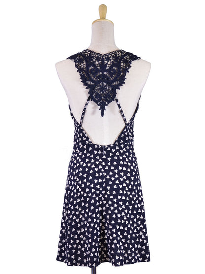 En Creme Dapper Chic Floral Print Fit & Flare Crochet Back Detail Navy Dress