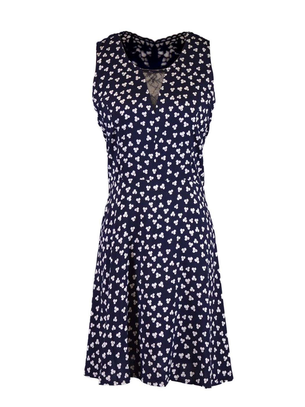 Vestido azul marino con detalle en la espalda de crochet, entallado y acampanado, estampado floral elegante y elegante En Creme