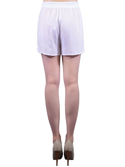 Mini shorts femeninos de playa con cintura elástica y lazo en la cintura con detalle de encaje