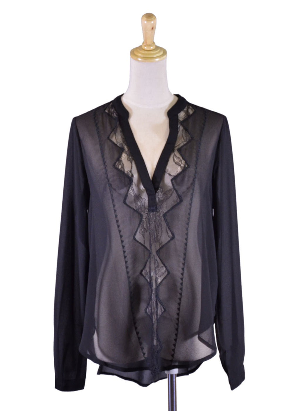 Blusa de gasa tejida de manga larga con detalles de bordado de encaje seductor y transparente