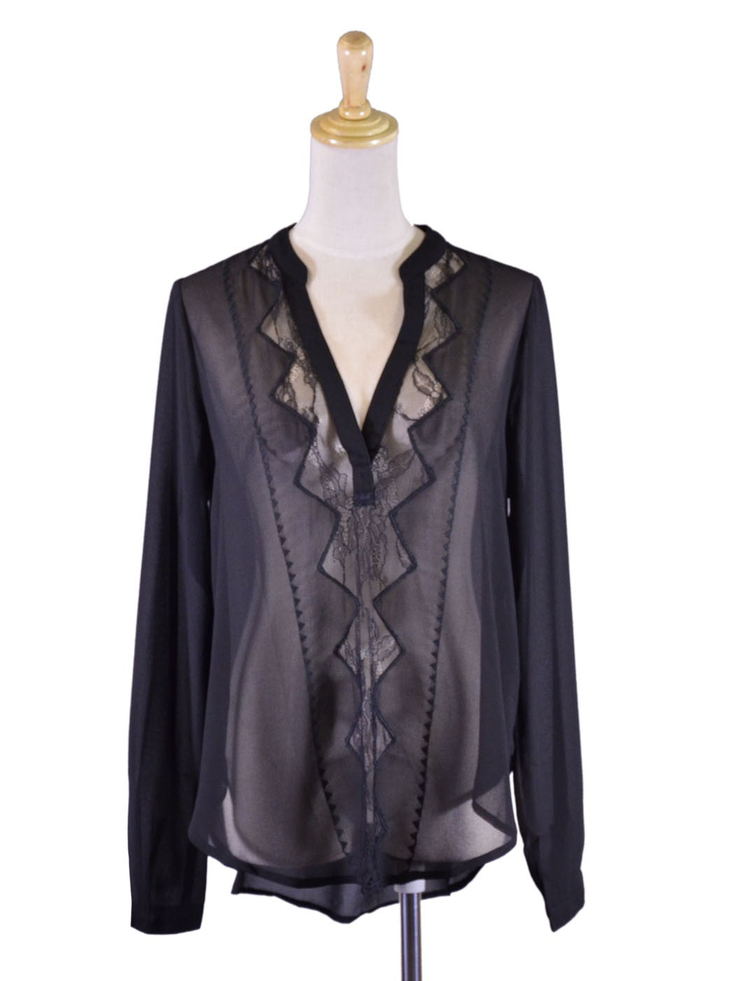 Blusa de gasa tejida de manga larga con detalles de bordado de encaje seductor y transparente