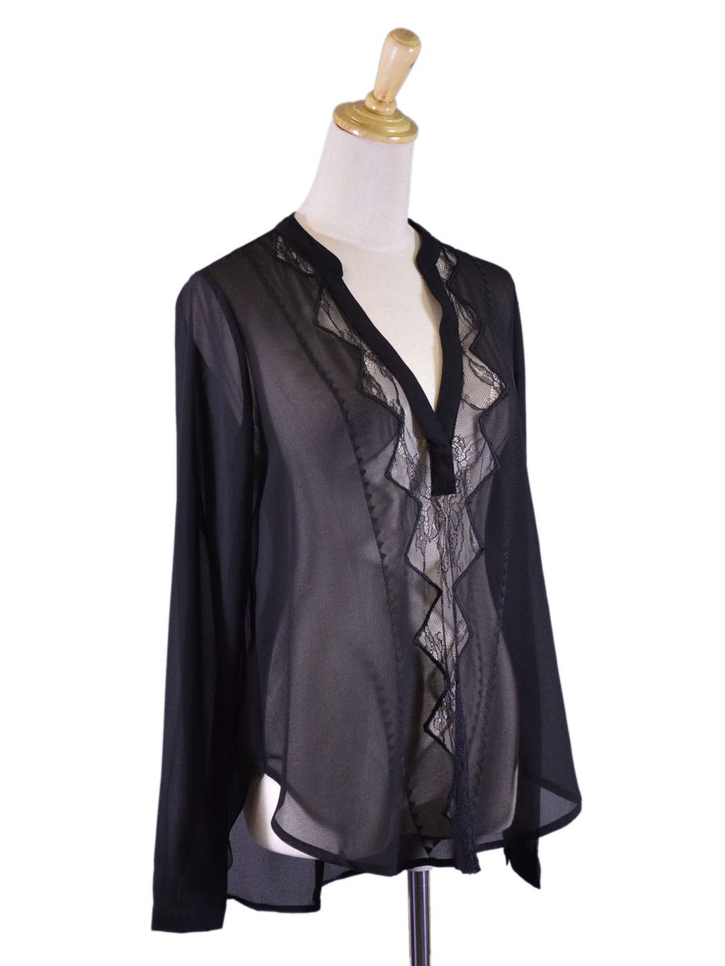 Blusa de gasa tejida de manga larga con detalles de bordado de encaje seductor y transparente