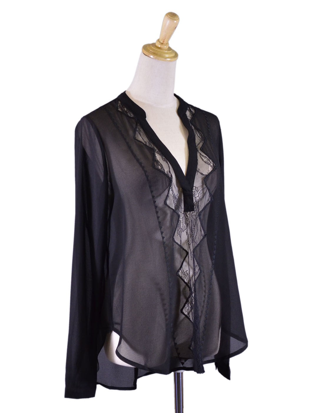 Blusa de gasa tejida de manga larga con detalles de bordado de encaje seductor y transparente