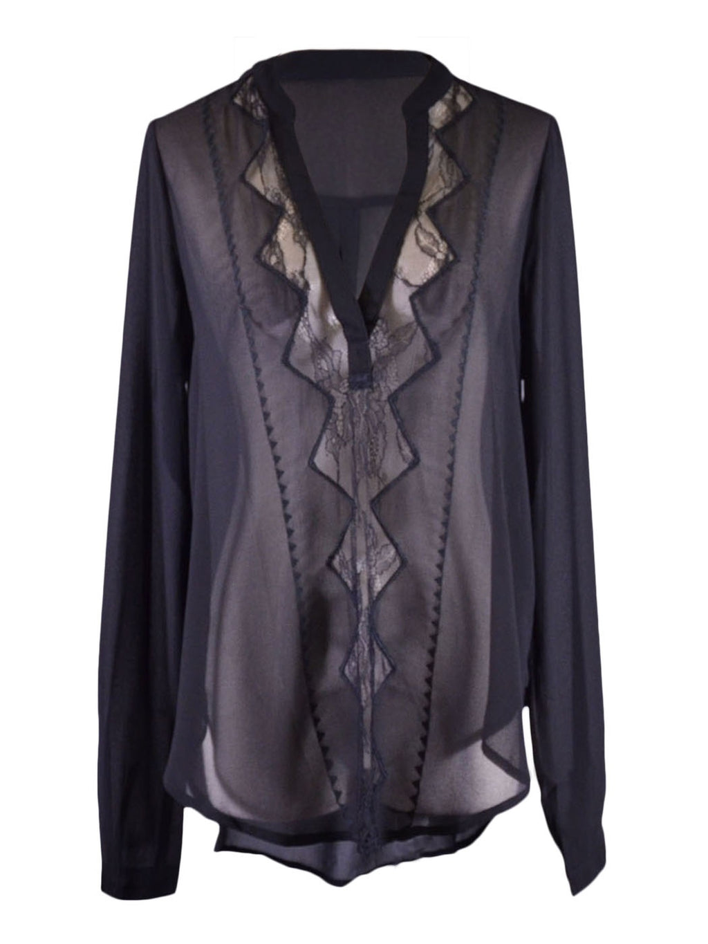 Blusa de gasa tejida de manga larga con detalles de bordado de encaje seductor y transparente