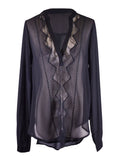 Blusa de gasa tejida de manga larga con detalles de bordado de encaje seductor y transparente