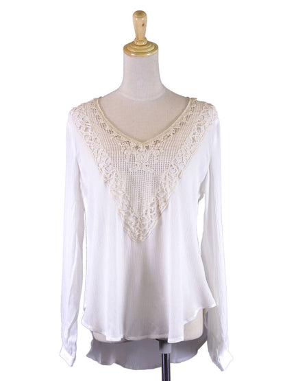 Lush Free Spirit Front Patch Detail Woven Long Sleeves Chiffon Boho Blouses Top