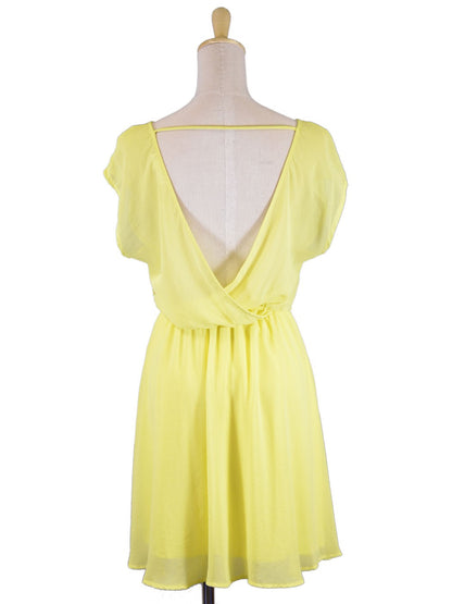 Lush Flavescent Lemon Side Lace Detail Elastic Waist Chiffon Summer Dress