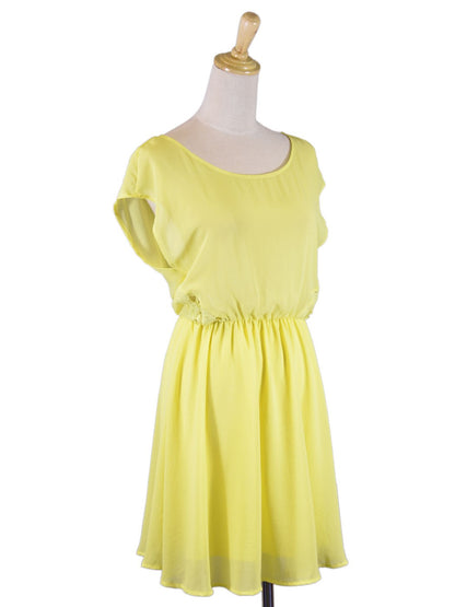 Lush Flavescent Lemon Side Lace Detail Elastic Waist Chiffon Summer Dress