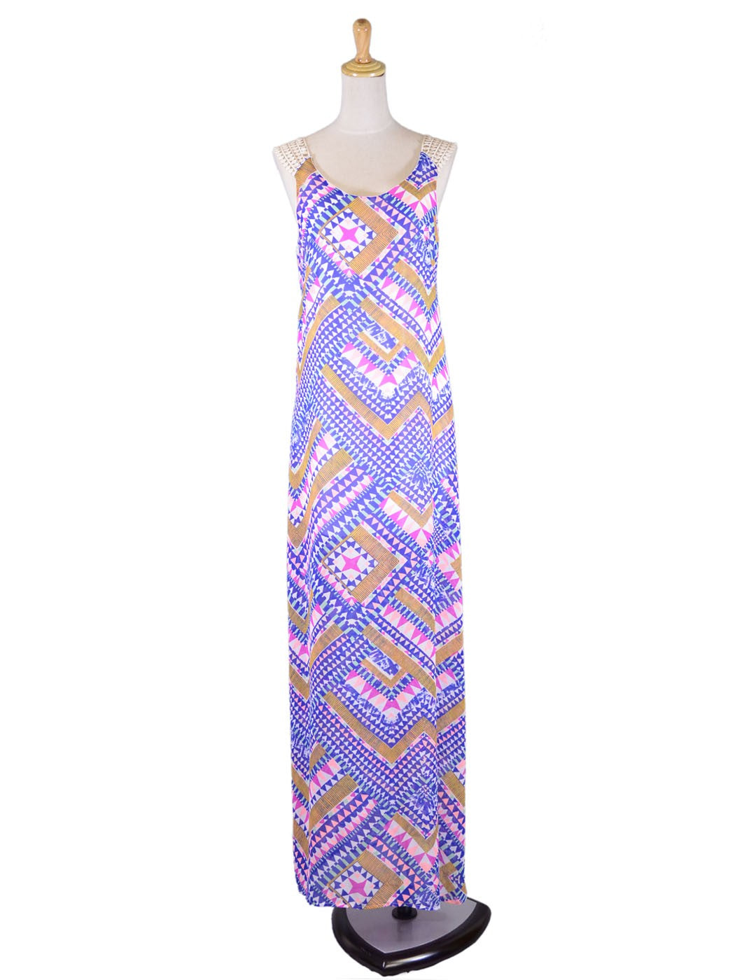 Lush Bright Colorful Whimsical Crochet U-Back Abstract Print Chiffon Maxi Dress