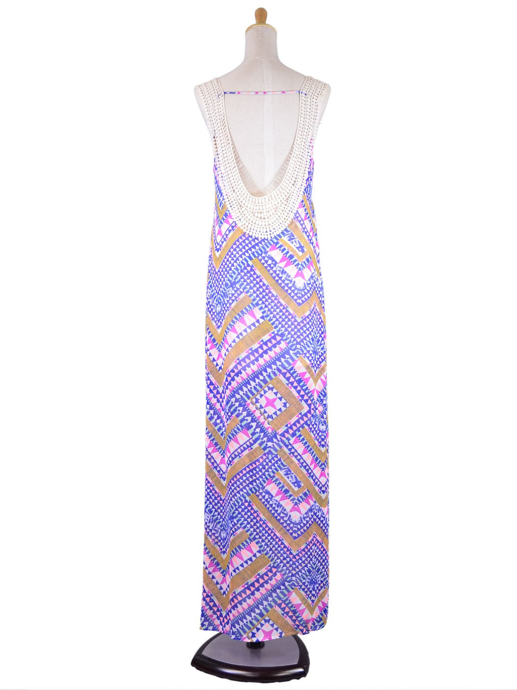 Lush Bright Colorful Whimsical Crochet U-Back Abstract Print Chiffon Maxi Dress