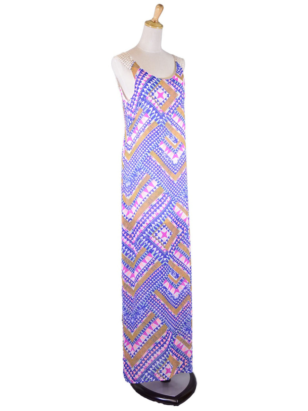 Vestido largo de gasa con estampado abstracto en forma de U, de crochet, colorido, exuberante y extravagante