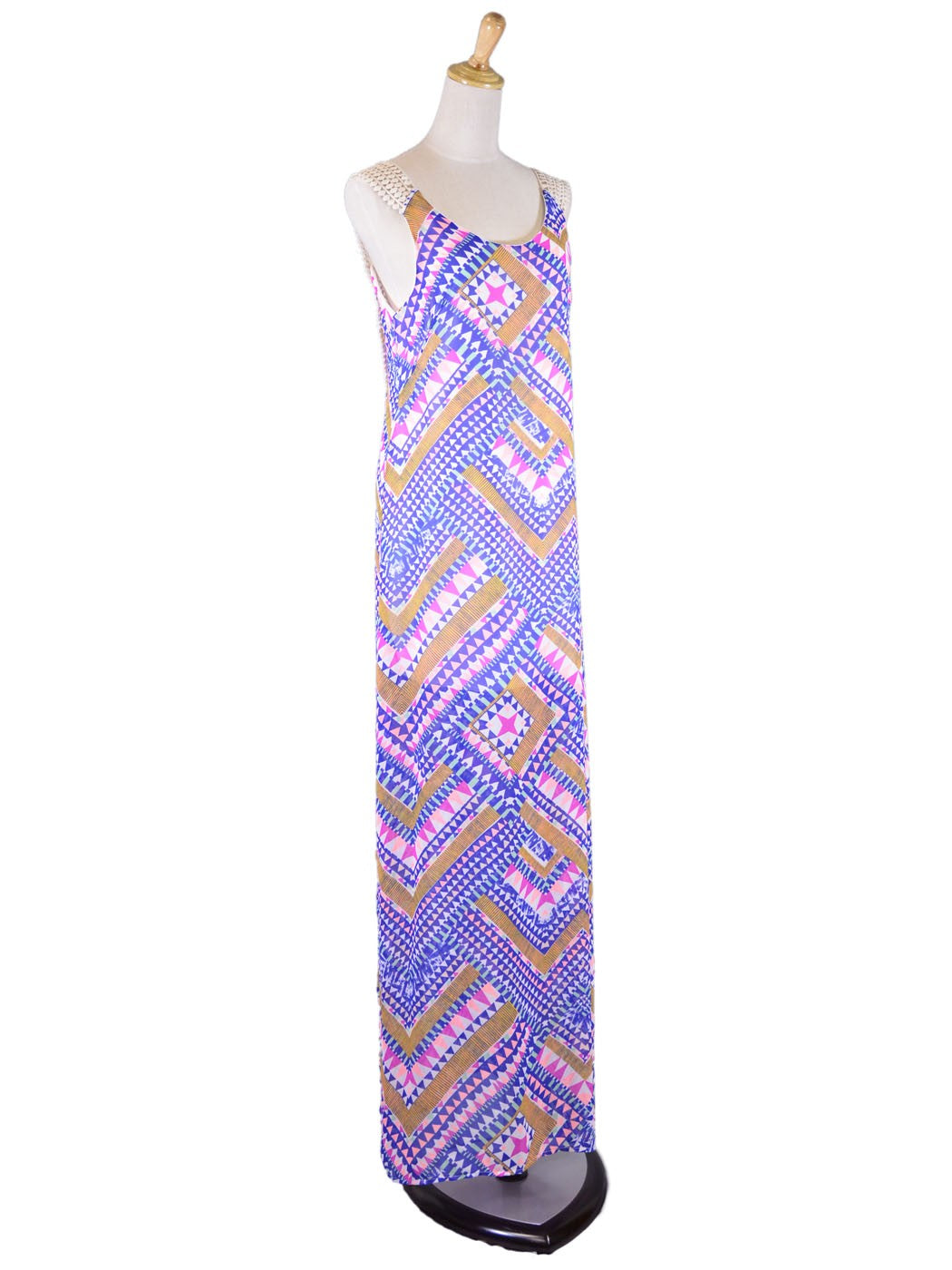 Lush Bright Colorful Whimsical Crochet U-Back Abstract Print Chiffon Maxi Dress