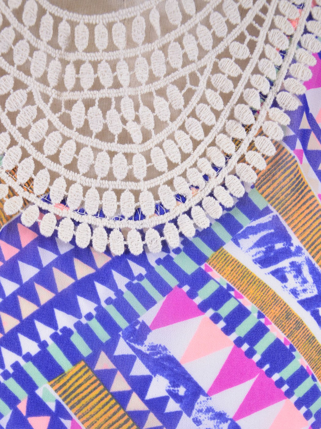 Lush Bright Colorful Whimsical Crochet U-Back Abstract Print Chiffon Maxi Dress