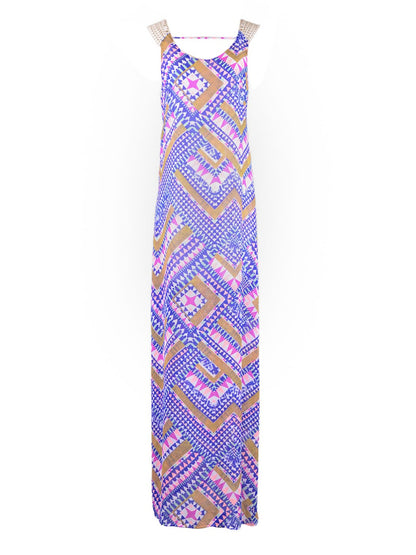 Lush Bright Colorful Whimsical Crochet U-Back Abstract Print Chiffon Maxi Dress