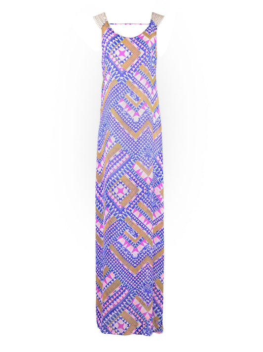 Lush Bright Colorful Whimsical Crochet U-Back Abstract Print Chiffon Maxi Dress