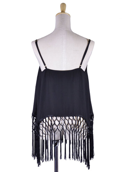 Ark & Co Enticing Flirty Floral Embroider Front Fringe Tassel Hem Chiffon Blouse