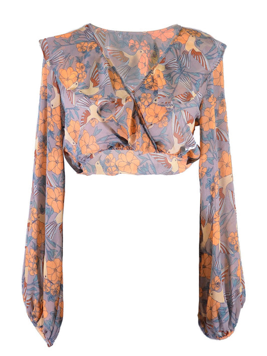 Audrey 3+1 Captivating Humming Bird Paradise Sheer Chiffon Ruffle Cropped Blouse