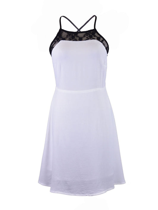 En Creme Sexy Chic White & Black Criss Cross Back Floral Lace Trim Flowy Dress