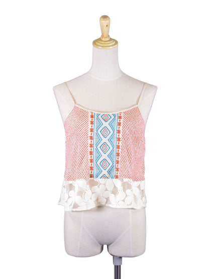 Flying Tomato Cute Stripped Embroidered Floral Mesh Lace Detail Woven Blouse Top