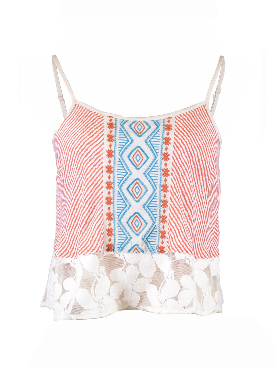Blusa tejida con detalle de encaje y malla floral bordada a rayas linda con tomate volador