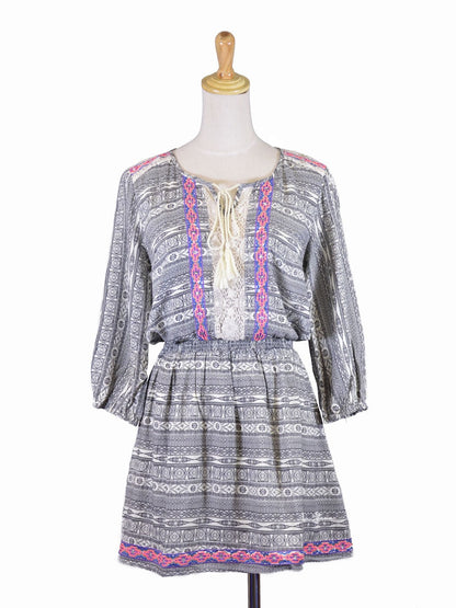 Flying Tomato Gypsy Tribal Print Contrast Fabric Smock Waist Sleeve Woven Dress