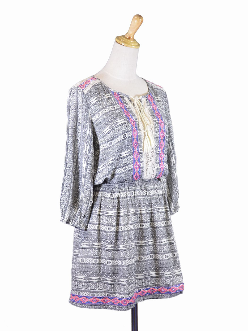 Flying Tomato Gypsy Tribal Print Contrast Fabric Smock Waist Sleeve Woven Dress