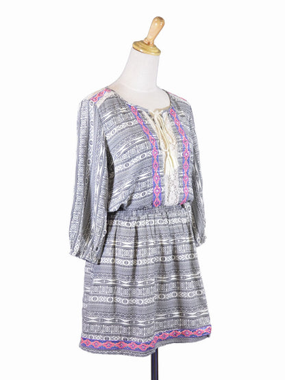 Flying Tomato Gypsy Tribal Print Contrast Fabric Smock Waist Sleeve Woven Dress