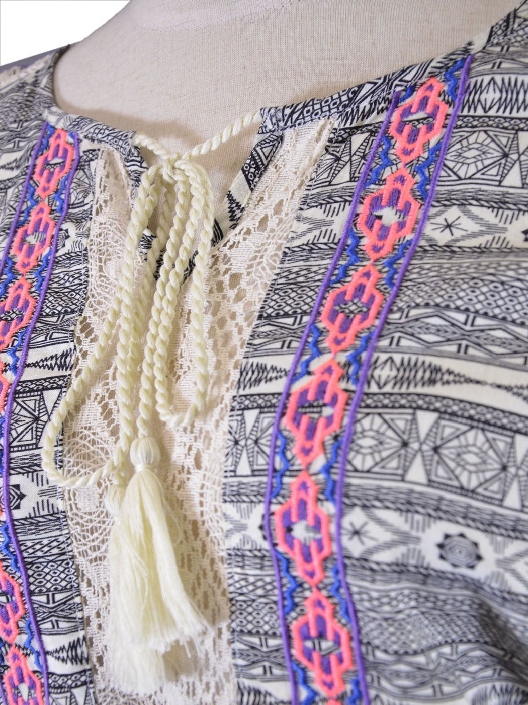 Flying Tomato Gypsy Tribal Print Contrast Fabric Smock Waist Sleeve Woven Dress