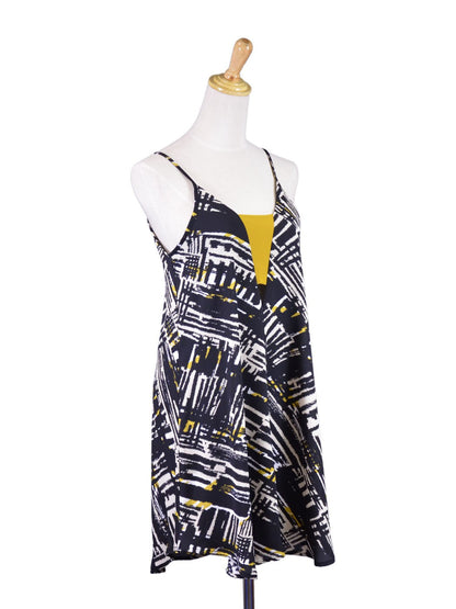 Lush Eccentric Abstract Artistic Front Yellow Band Loose Fit Woven Shift Dress