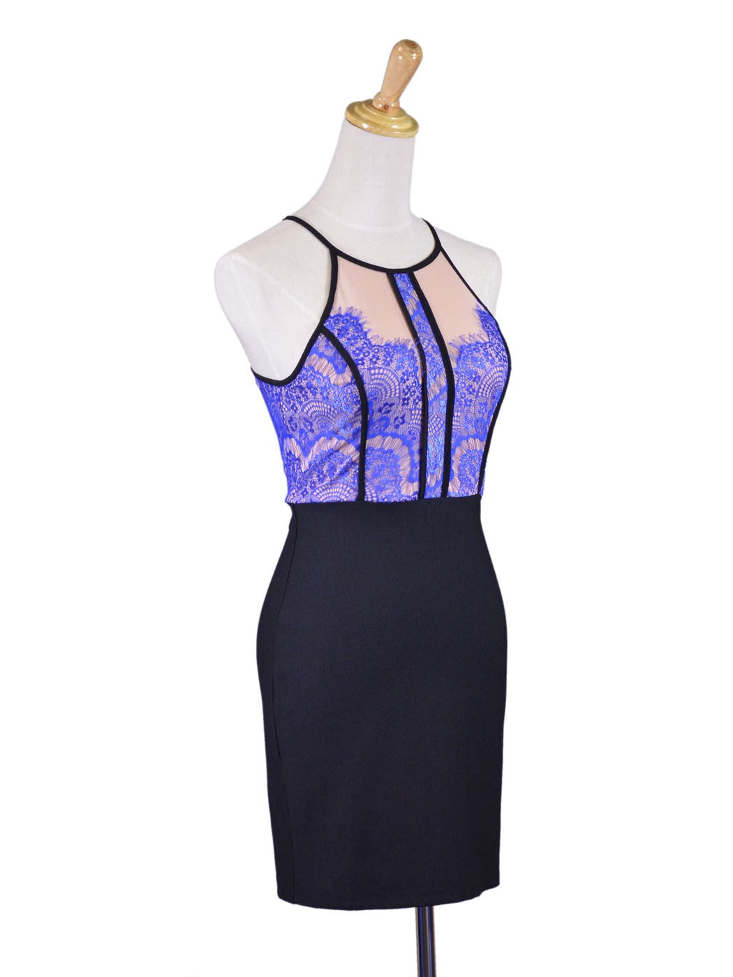 Lujoso y lujoso vestido de cóctel ajustado de noche con encaje delicado en azul real