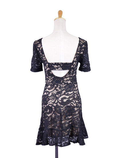 Lush Night Cocktail Floral Lace Design Ruffle Hem Short Sleeves Fit Flare Dress