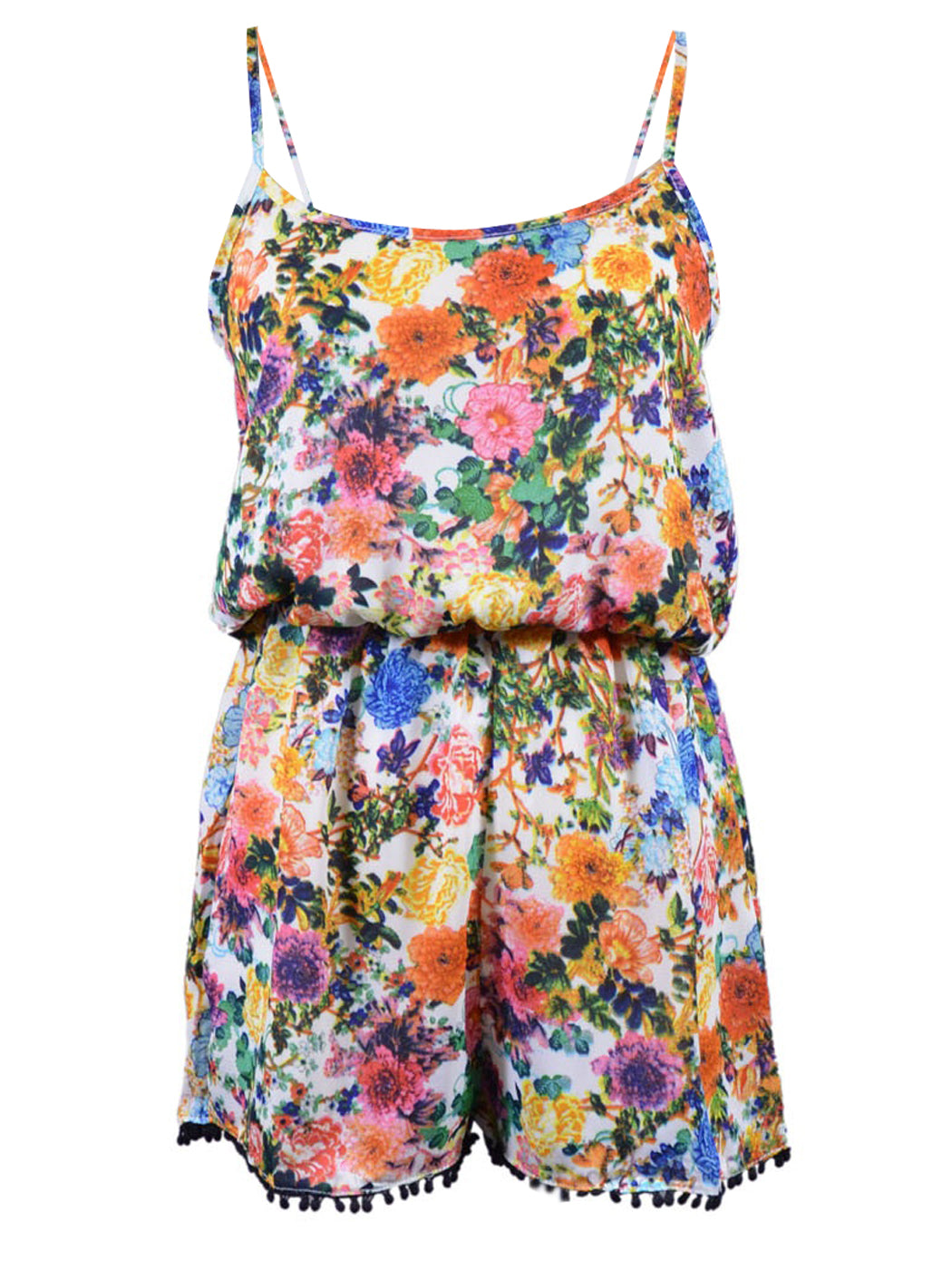 San Souci Blossoming Vibrant Floral Print Dot Trim Hem Sheer Chiffon Romper