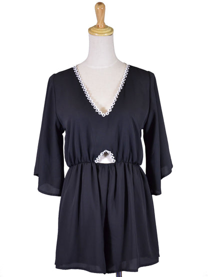 Audrey 3+1 Midnight Girl Slit Back V-Neck Floral Trim Flutter Sleeves Romper