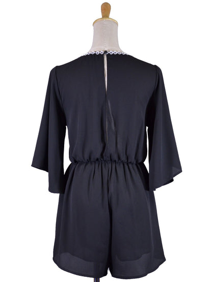 Audrey 3+1 Midnight Girl Slit Back V-Neck Floral Trim Flutter Sleeves Romper