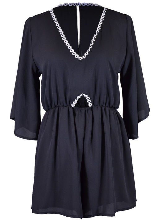 Audrey 3+1 Midnight Girl Slit Back V-Neck Floral Trim Flutter Sleeves Romper