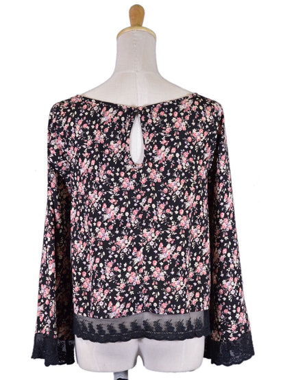 En Creme Sophia Floral Print Bell Sleeves Mesh Lace Hem Woven Scoop Neck Blouse