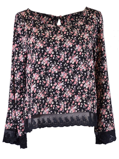 Blusa de escote redondo tejida con mangas acampanadas, dobladillo de encaje de malla y estampado floral En Creme Sophia