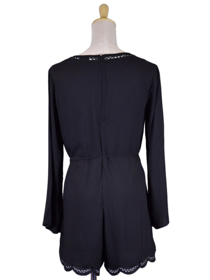 Lush Simply Sophisticated Long Sleeves V-Neck Embroidered Scallop Hem Romper