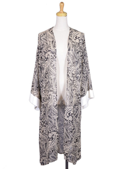 Audrey 3+1 Heavenly Paisley Print Open Front Cuff Sleeves Chiffon Long Kimono
