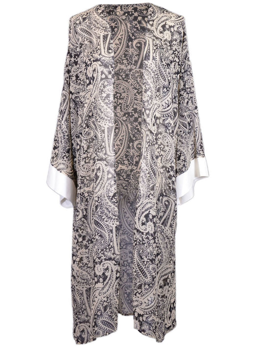 Audrey 3+1 Heavenly Paisley Print Open Front Cuff Sleeves Chiffon Long Kimono
