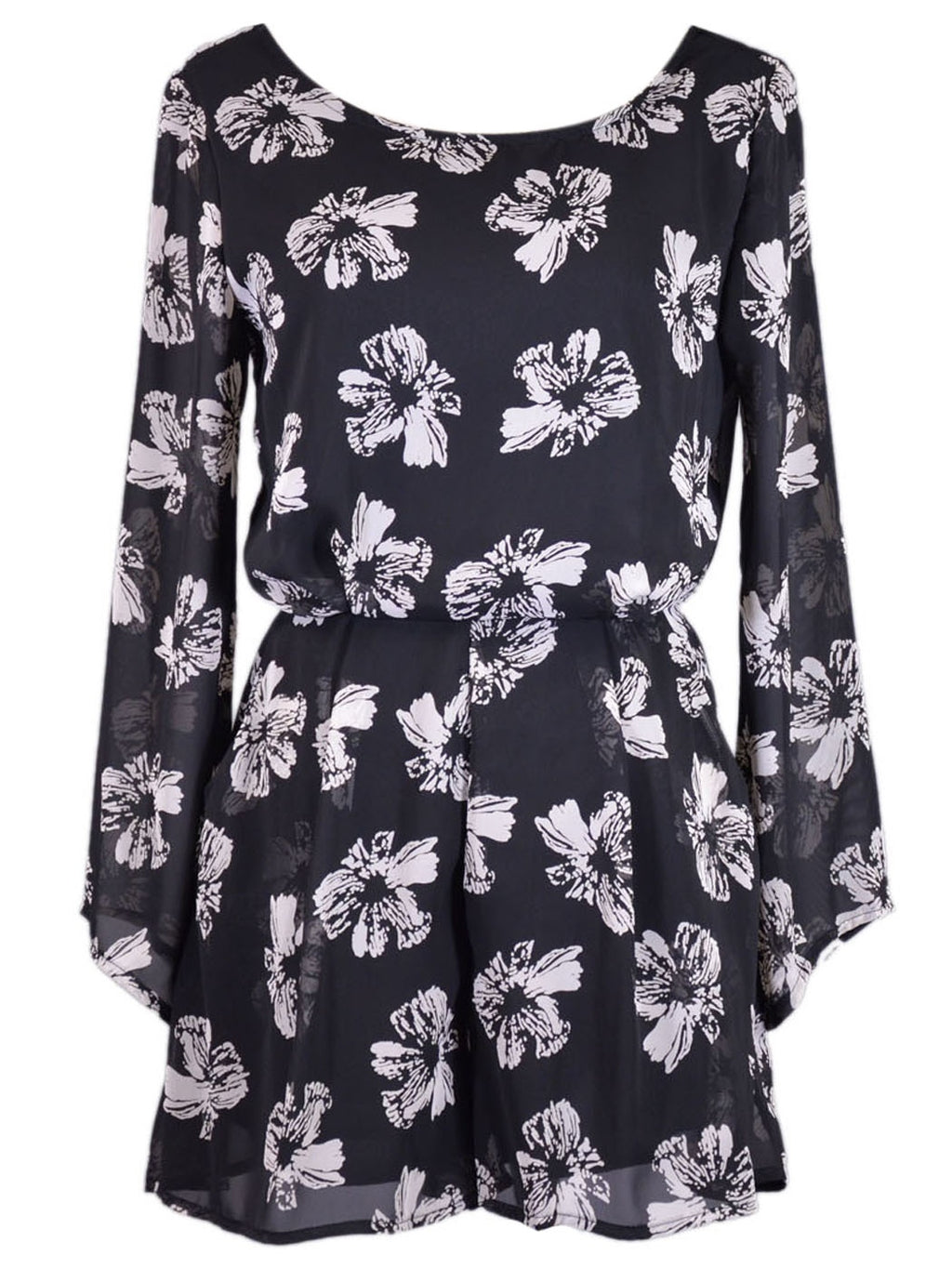 Mono de noche de gasa con mangas acampanadas y estampado floral en blanco y negro, muy agradable y exuberante