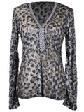 Top Uniq con escote brillante y mangas largas con estampado de malla animalística y tejido desgastado