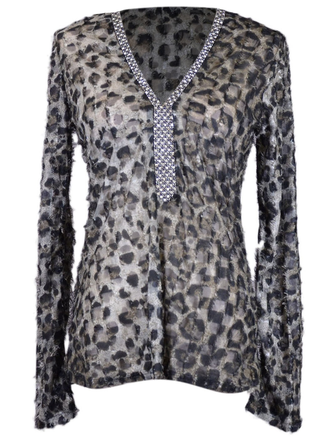 Top Uniq con escote brillante y mangas largas con estampado de malla animalística y tejido desgastado