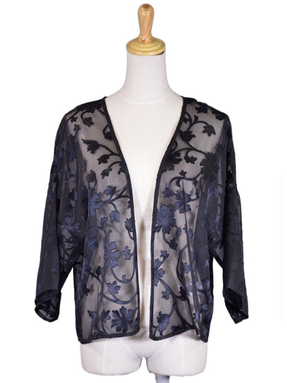 En Creme Brand Black Leaves and Flowers Appliques Sheer Net Short Kimono Jacket